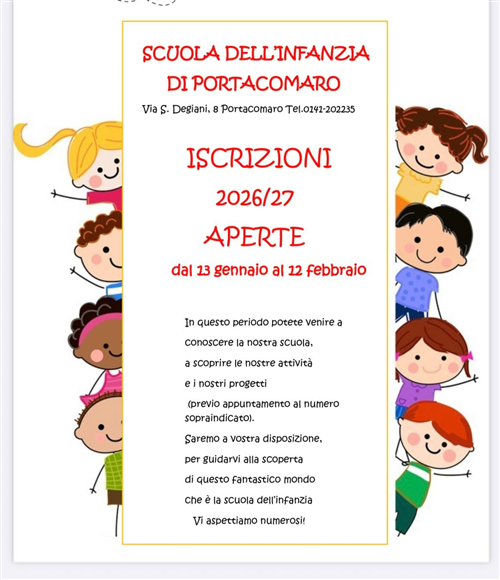 Scuola dell'Infanzia di Portacomaro - iscrizioni aperte dal 13 gennaio al 12 febbraio