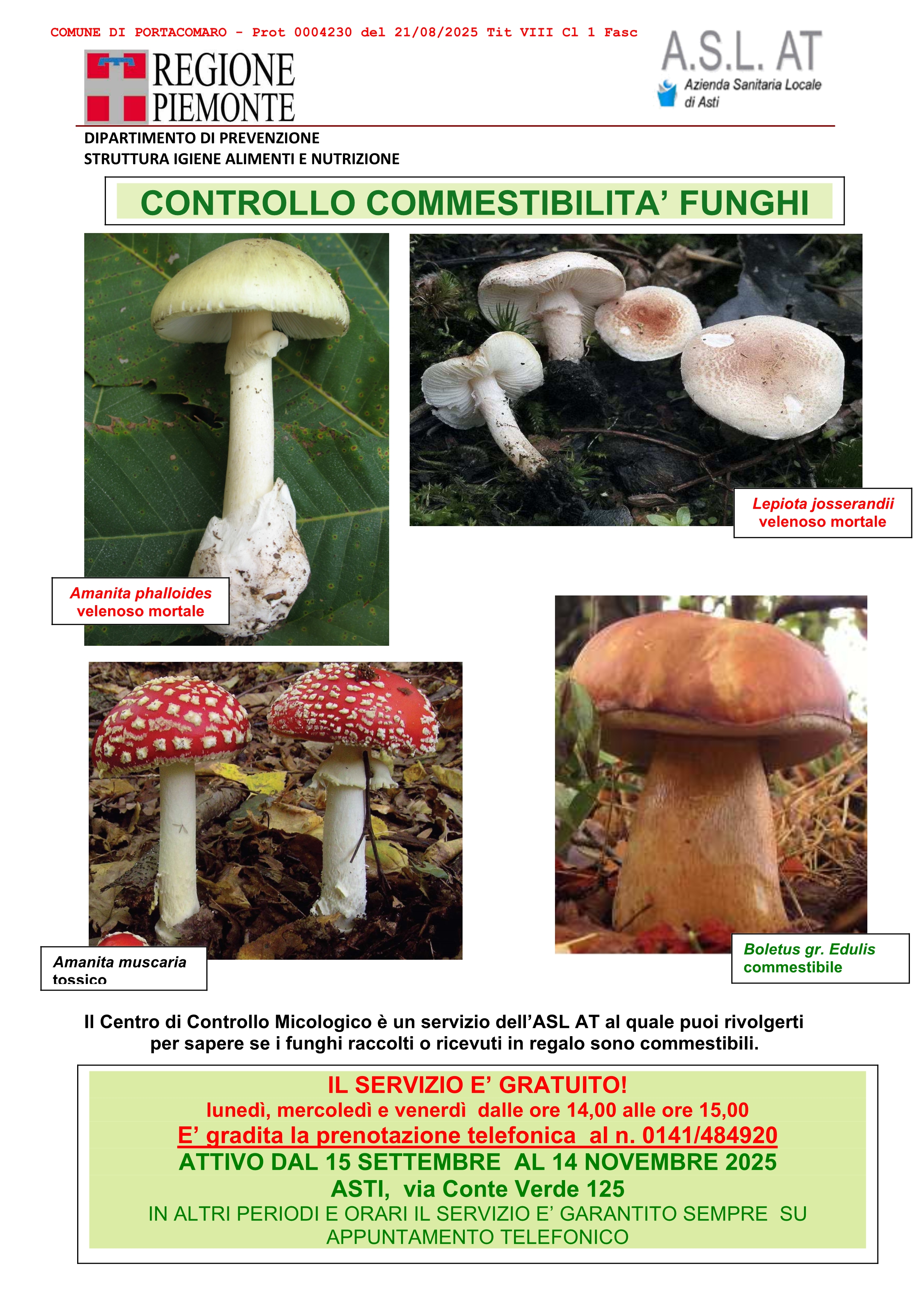 Attivazione controllo della commestibilità dei funghi raccolti da privati
